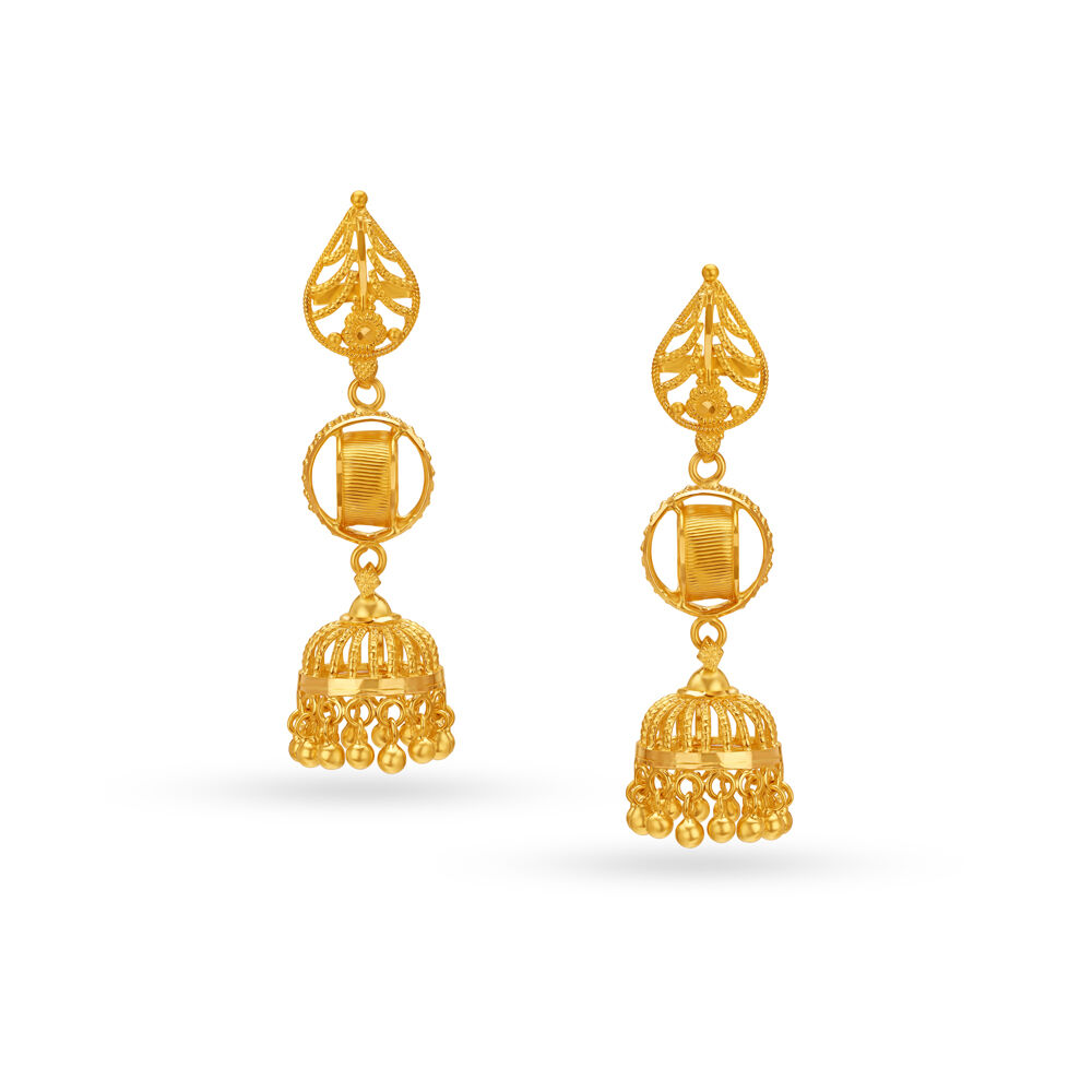 Traditional Elongated Gold Filigree 3 Layer Jhumkas