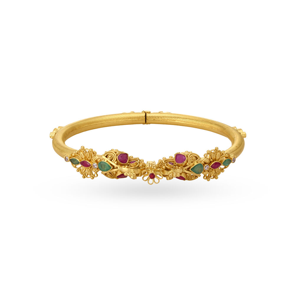 Glamorous Cubic Zirconia and Emerald Gold Kada Bangle
