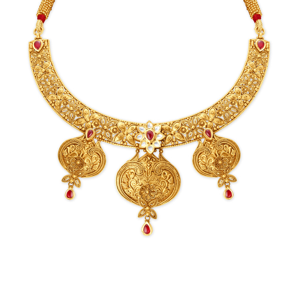 Antique Floral Pattern Necklace Set with Maang Tikka and Bangle