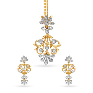 Grand Floral Yellow and White Gold Pendant and Earrings Set with Diamonds