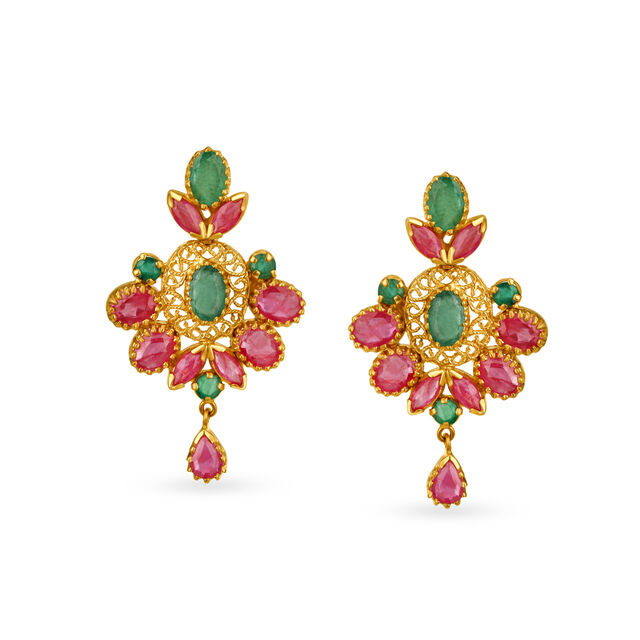 Stunning Floral Emerald and Ruby Drop Earrings,,hi-res image number null
