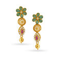 Floral And Wheel Motif Gold Drop Earrings Studded With Emerald And Ruby,,hi-res image number null