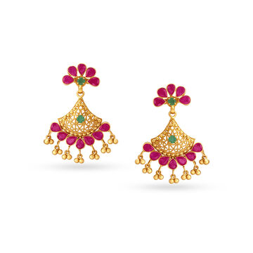 Emerald And Ruby Floral Gold Drop Earrings