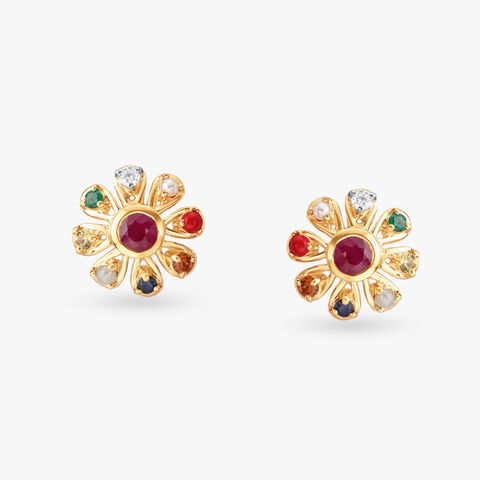 Lovely Navratna and Diamond Stud Earrings