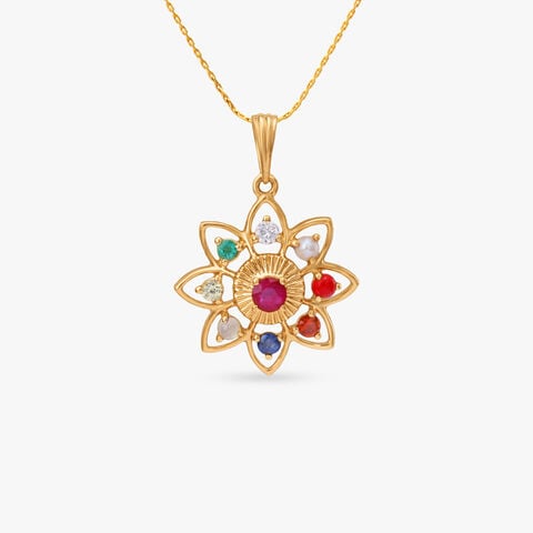 Luminous Floral Navratna and Diamond Pendant