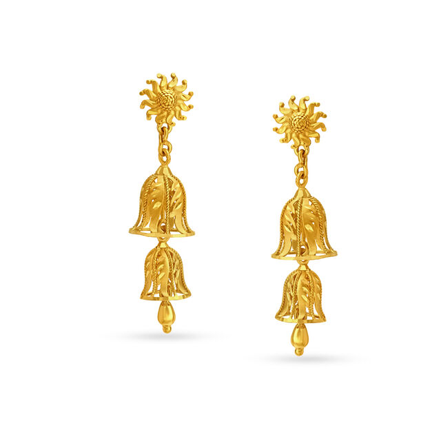Artistic Yellow Gold Tiered Floral Jhumkas,,hi-res image number null