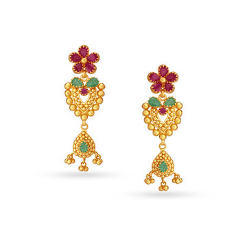 Emerald And Ruby Floral Gold Drop Earrings
