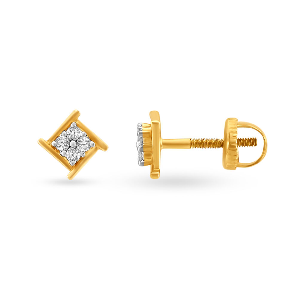 Contemporary Solitaire Look Gold and Diamond Stud Earrings