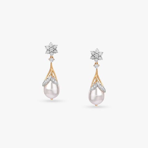 Exquisite Charming Diamond Drop Earrings with Pearls in Yellow and White Gold