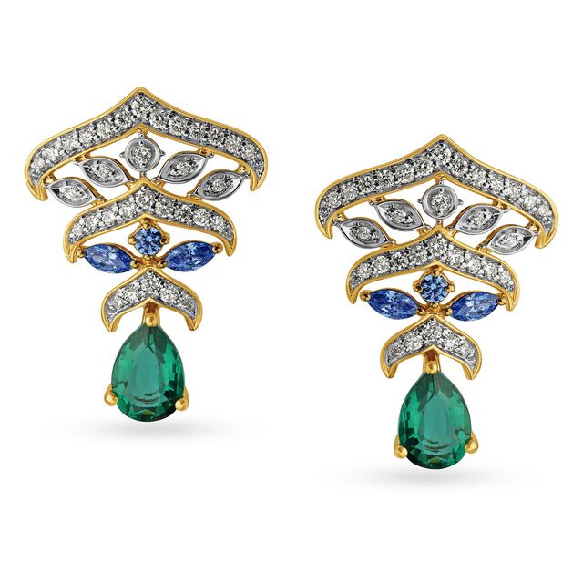 18 Karat Gold Diamond Emerald and Sapphire Stud Earrings,,hi-res image number null