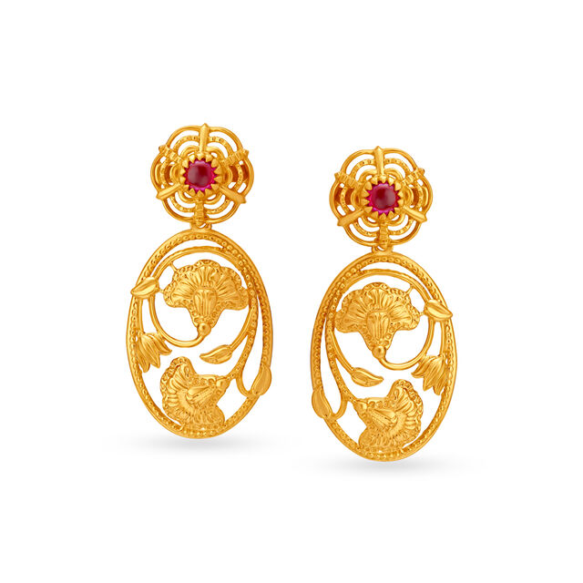 Floral Motif Gold Drop Earrings,,hi-res image number null
