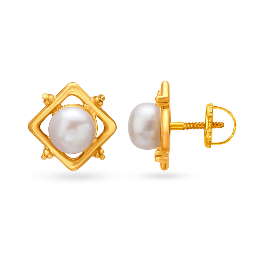 Splendid 18 Karat Yellow Gold And Pearl Square Studs