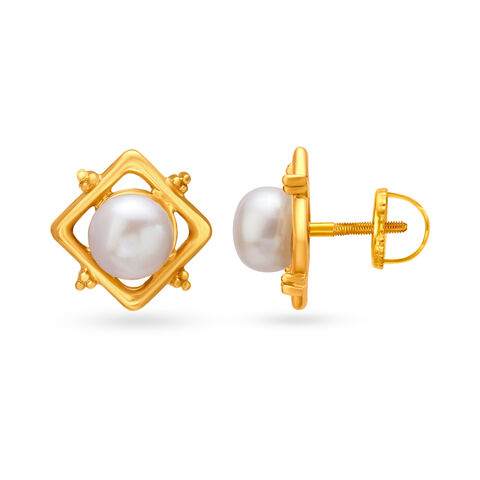 Splendid 18 Karat Yellow Gold And Pearl Square Studs
