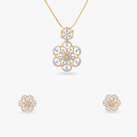 Ornate Bloom Diamond Pendant and Earrings Set