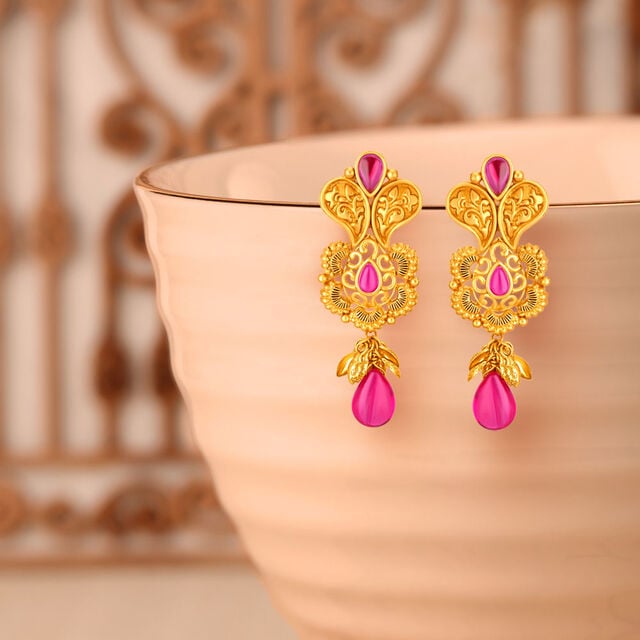 Intricate Gold Drop Earrings with Gemstones,,hi-res image number null