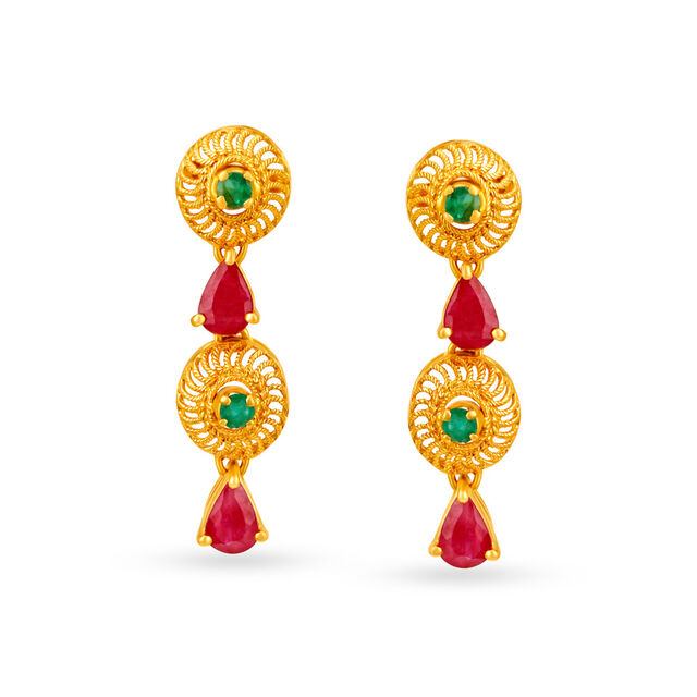 Ornate 22 Karat Yellow Gold Dangling Circular Drop Earrings,,hi-res image number null