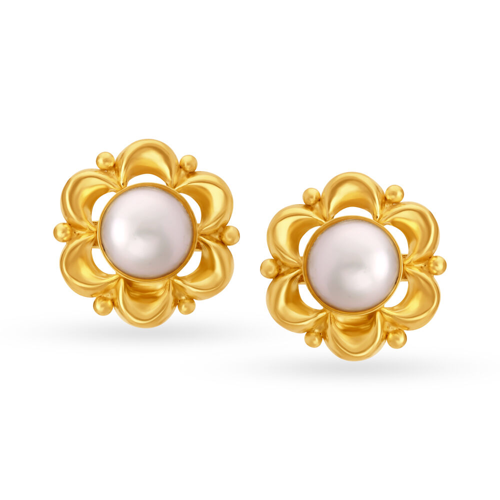 Adorable 22 Karat Yellow Gold And Pearl Floral Studs
