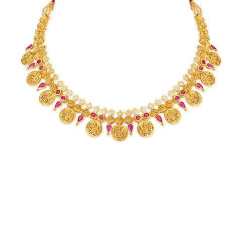 Enchanting Deity Gold Kasu Necklace Set with Rubies
