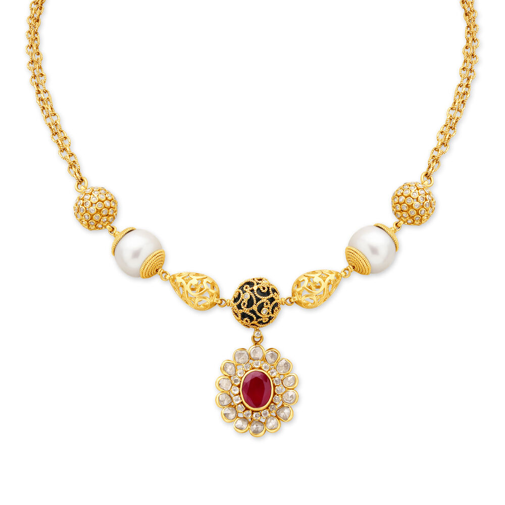 Endearing Pearl And Ruby Gold Necklace