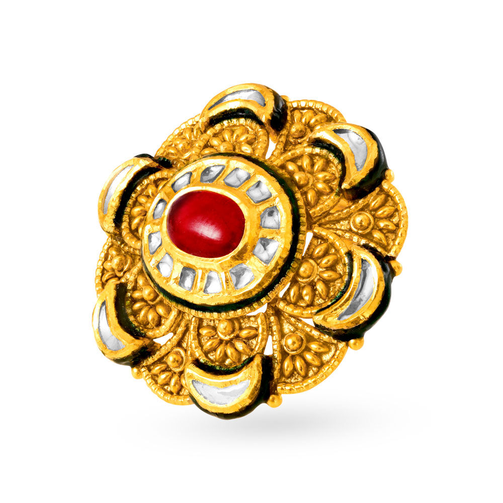 Vintage 22 Karat Gold And Kundan Glass Floral Ring
