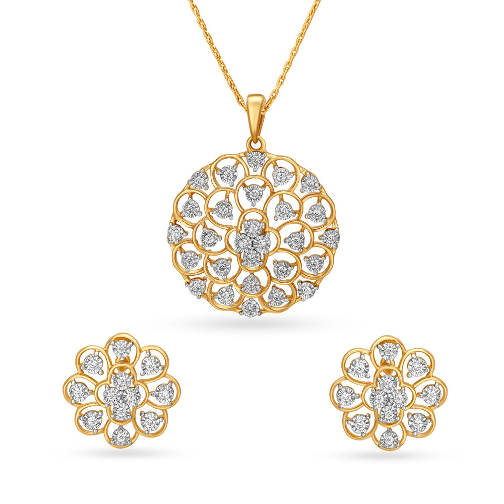 Gleaming Gold Pendant and Earrings Set with Diamonds