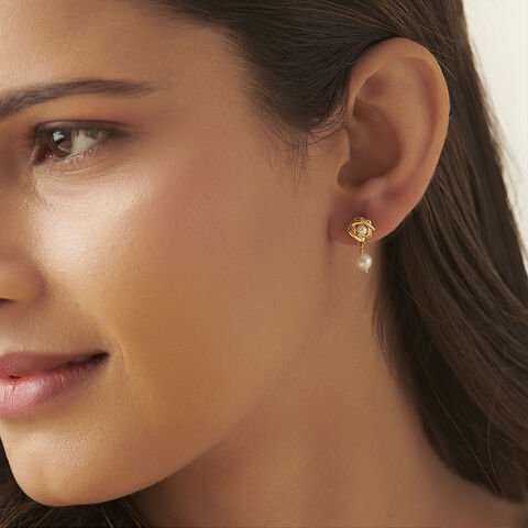 Enchanting 18 Karat Yellow Gold And Pearl Geometric Drop Earrings