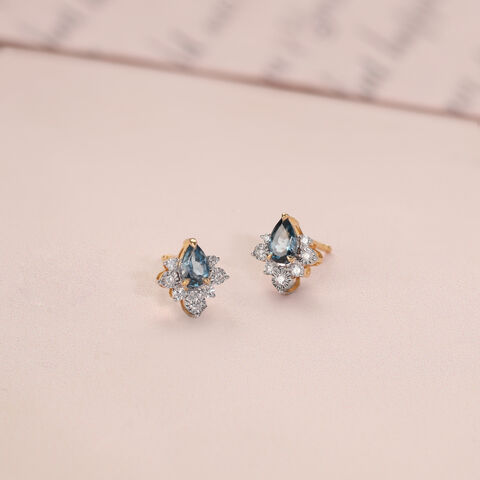 Sparkly Blue Diamond & Gold Stud Earrings