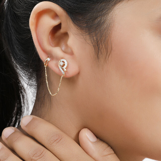 14 KT Slender Yellow Gold Drop Earrings with Ear Cuff