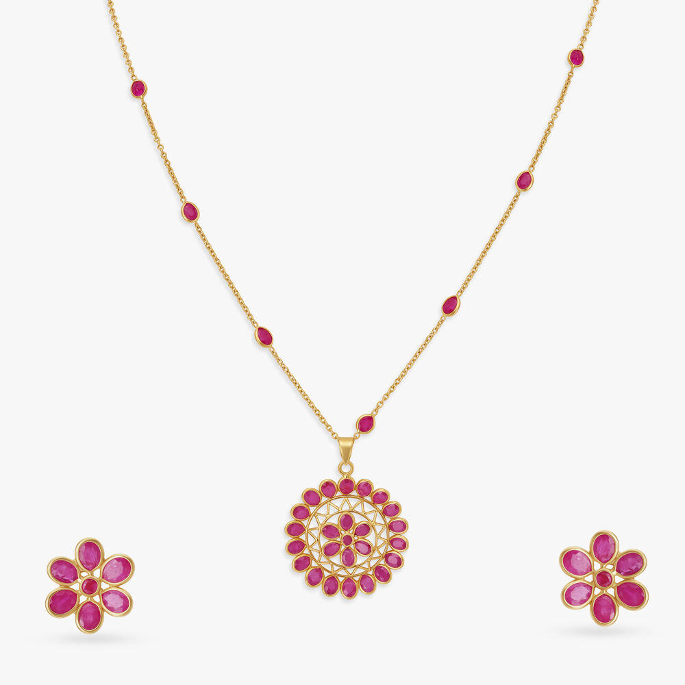 Shimmering Ruby Sunflower Pendant with Chain and Earrings Set
