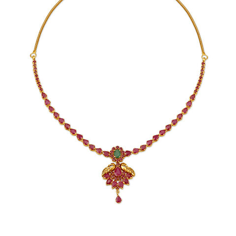 Alluring Peacock Design Emerald And Ruby Gold Necklace