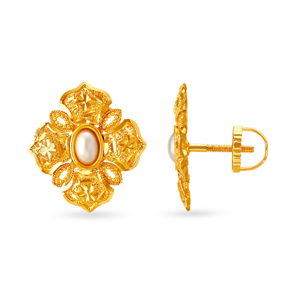 Elegant 22 Karat Gold And Pearl Floral Stud Earrings