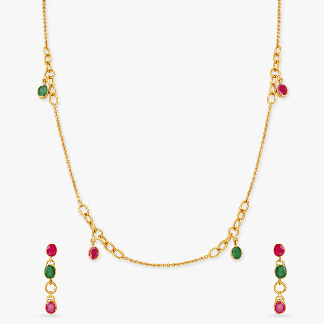 Golden Ruby and Emerald Cascade Pendant with Chain and Earrings Set,,hi-res image number null