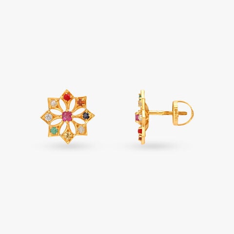 Starburst Navaratna Diamond Stud Earrings