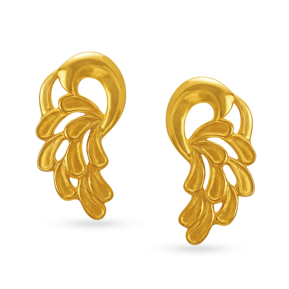 Gold Jhumka Earrings With Beads And Leave Motif