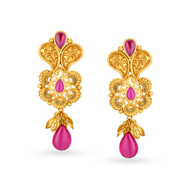 Intricate Gold Drop Earrings with Gemstones,,hi-res image number null