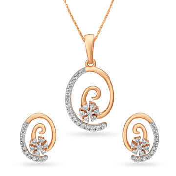 Oval Spiral Rose Gold and Diamond Pendant and Earrings Set