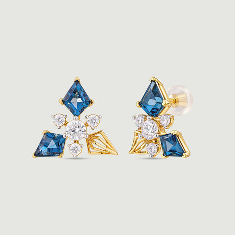 Geometric Blue Topaz Gold Stud Earrings