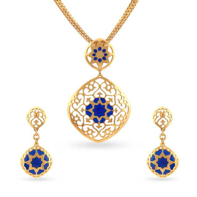 Gold Jaali-work Pendant and Earrings Set,,hi-res image number null