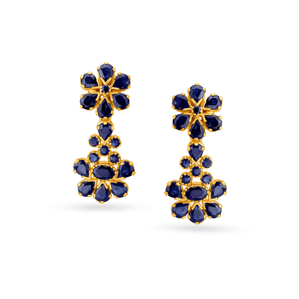Modish Sapphire Floral Gold Drop Earrings