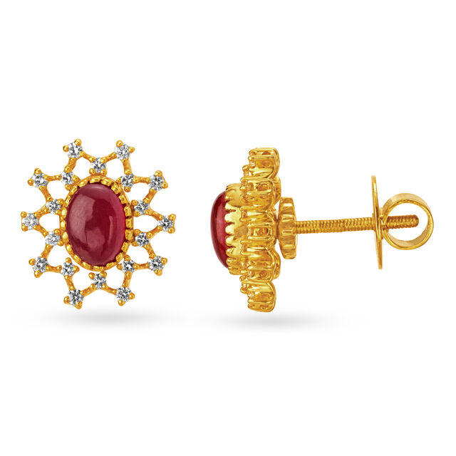 Intriguing 18 Karat Yellow Gold And Diamond Artsy Flower Stud Earrings,,hi-res image number null