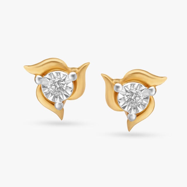 Floral Single Stone Gold and Diamond Stud Earrings
