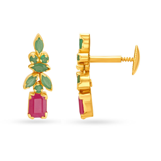 Graceful Emerald And Ruby Studded Gold Drop Earrings With Leaf Motif,,hi-res image number null