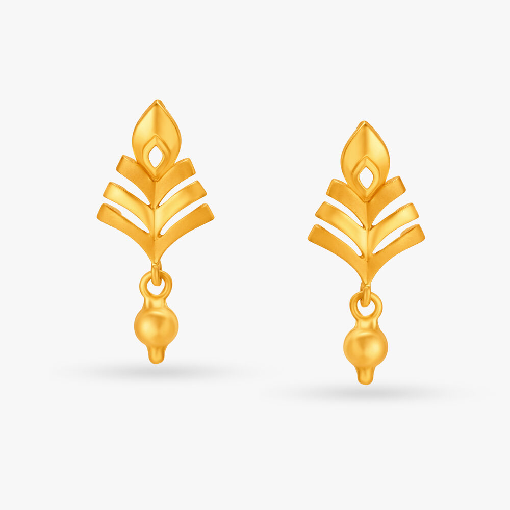 Leaf Pattern Gold Drop Earrings With Hanging Beads