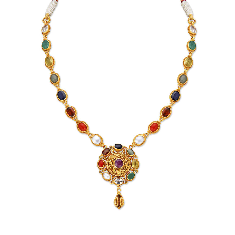 Gold Finish Navratna Stone Necklace Design by Paisley Pop at Pernia's Pop  Up Shop 2024