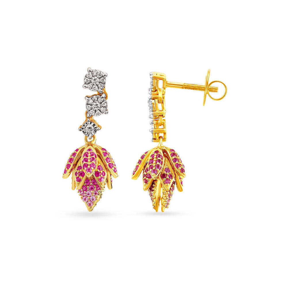 Inverted Tulip Ruby and Diamond Gold Drop Earrings