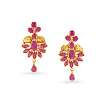 Splendid Ruby Floral Gold Drop Earrings