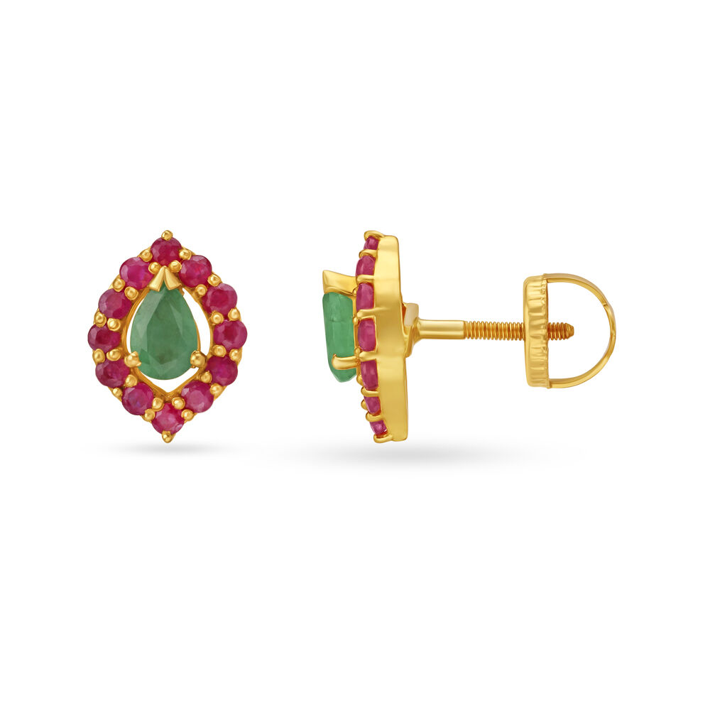 Emerald And Ruby Teardrop Pattern Gold Stud Earrings Tanishq Online Store