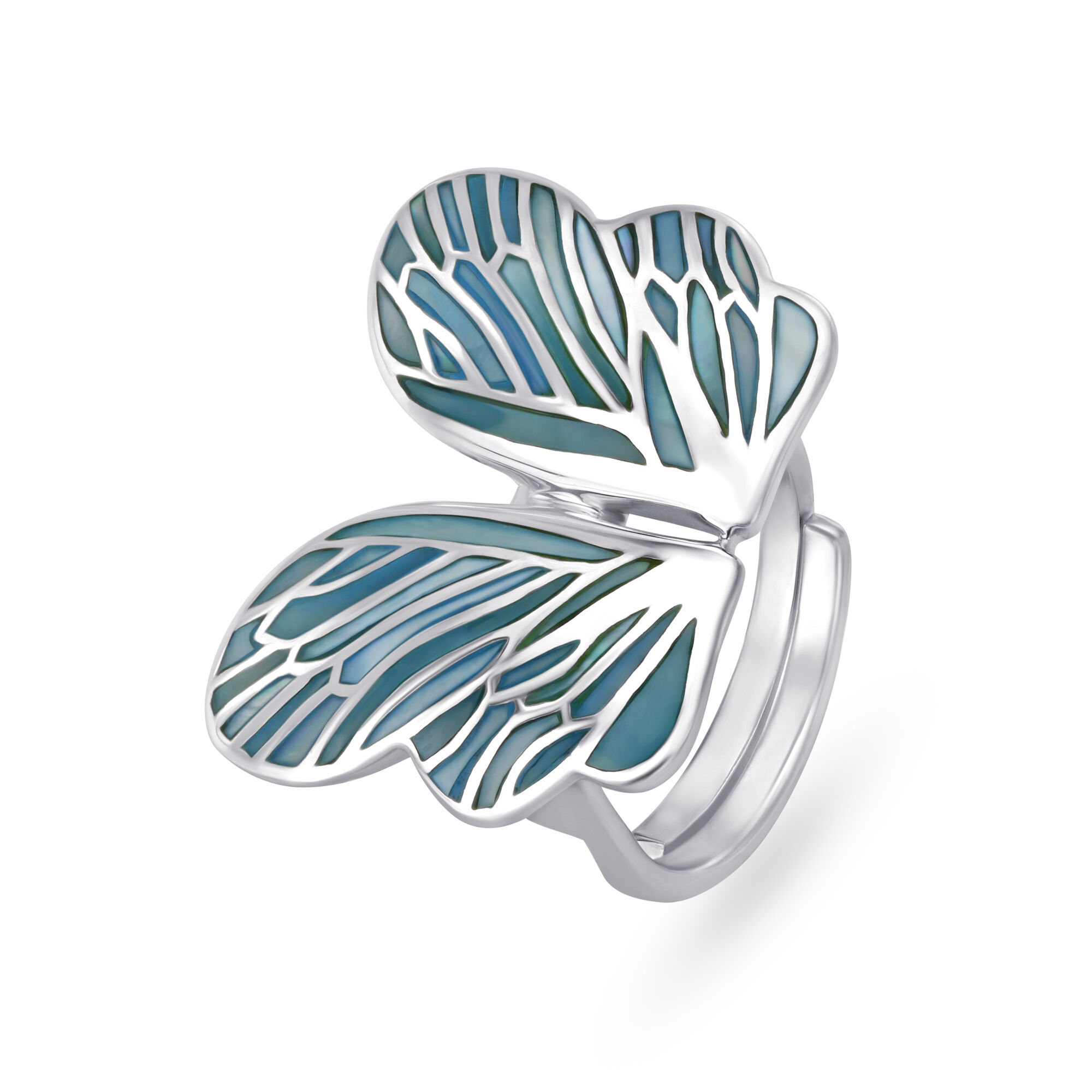 Silver Ring For Women In Butterfly Wing Design Embellished With Multi Coloured Mother Of Pearl