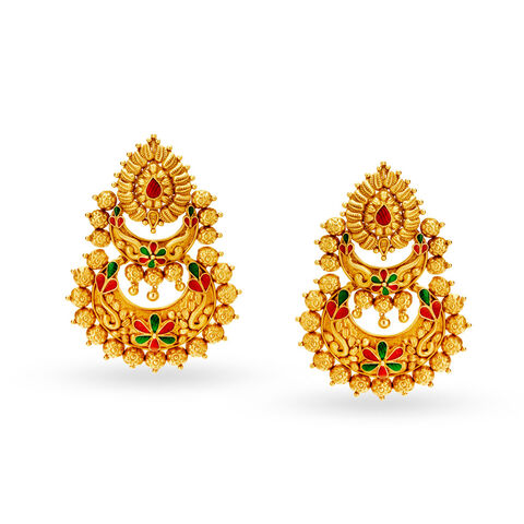 Majestic 22 Karat Yellow Gold Meenakari Chandbali Drop Earrings