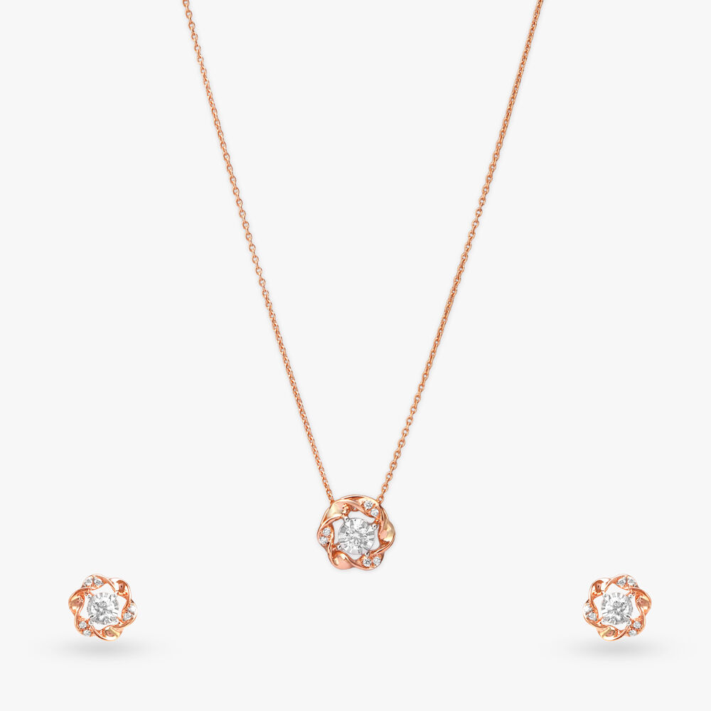 Floral Whirl Diamond Pendant with Chain and Earrings Set Tanishq Online Store